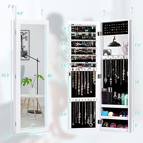 White Jewelry Cabinet with Mirror and Necklace Hooks
