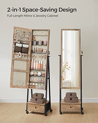 SONGMICS Floor Standing Jewelry Cabinet with Mirror, Drawer, Shelf