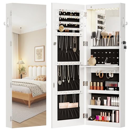 LED Mirror Jewelry Cabinet, Wall/Door Mounted Armoire