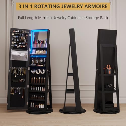Swivel Jewelry Cabinet with Lights and Full-Length Mirror