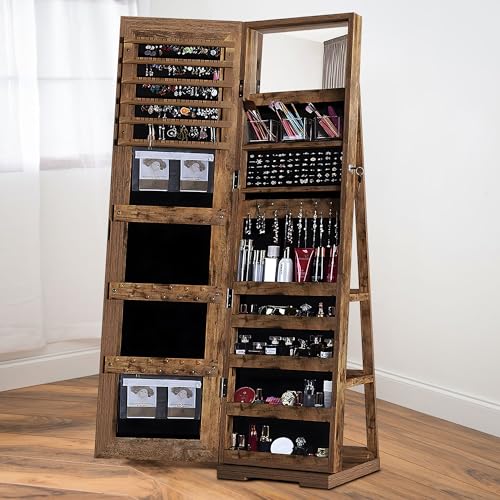 Soges Rustic Brown Rotating Jewelry Mirror Cabinet Organizer