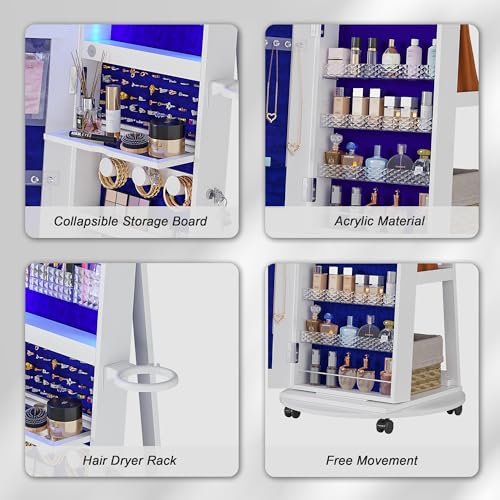 360° Swivel LED Mirror Jewelry Armoire Organizer (White)