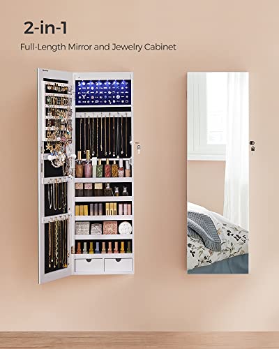 White Wall-Mounted Jewelry Cabinet with LED Lights & Mirror