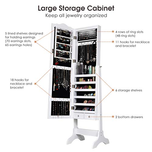 White Jewelry Armoire Organizer with Mirror and LEDs