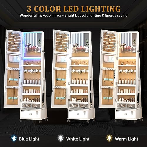 360° Swivel Jewelry Mirror Cabinet with Lights & Organizer