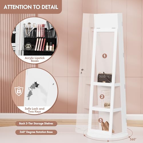 White Swivel Mirrored Jewelry Armoire with LED Light