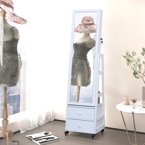 MASMIRE Rotating Jewelry Armoire with Full Length Mirror