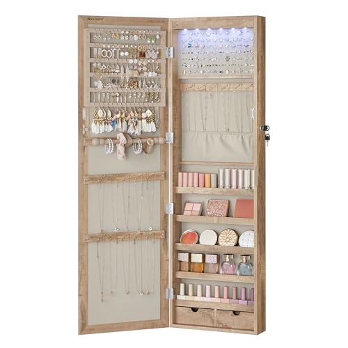 SONGMICS Toasted Oak Jewelry Cabinet Organizer with Mirror