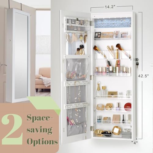 YOKUKINA LED Mirror Jewelry Armoire with Lockable Storage