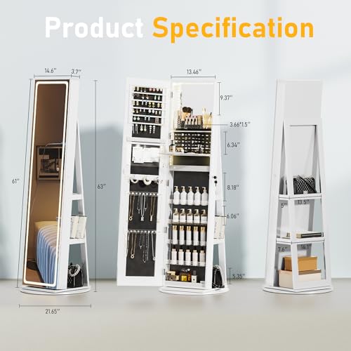 LED Mirror Jewelry Cabinet with Adjustable Lights, Lockable Armoire