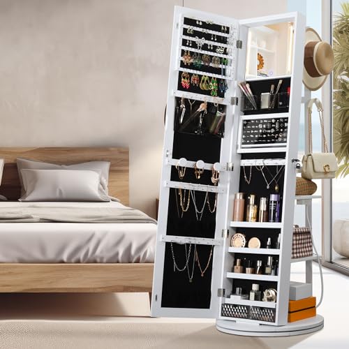 Mirrored Swivel Jewelry Cabinet with LED Lights, White