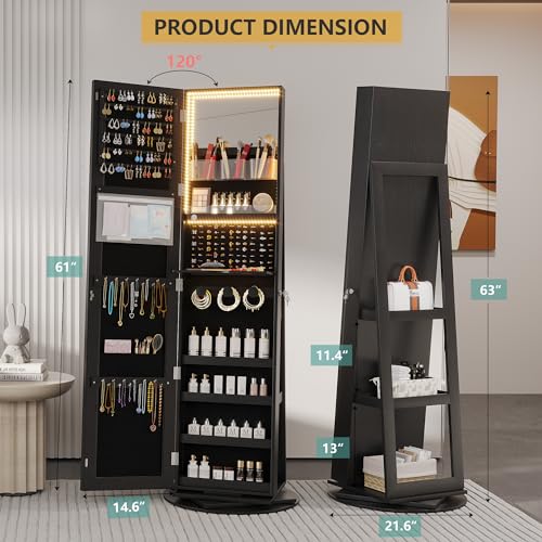 Swivel Jewelry Cabinet with Lights and Full-Length Mirror