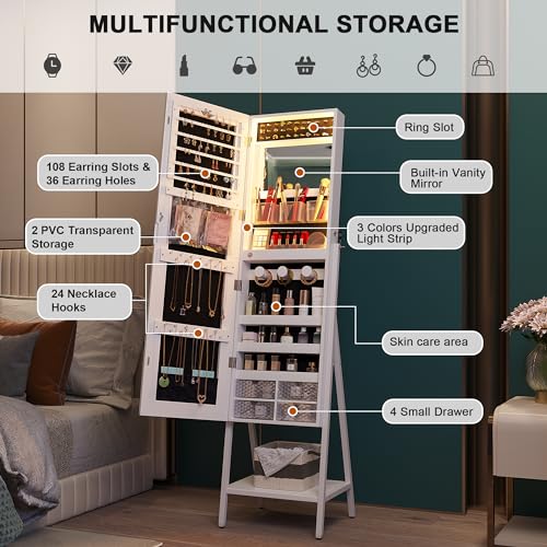 LED Mirror Jewelry Armoire Organizer with Lock, Adjustable Lights