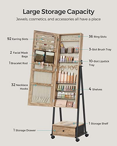 SONGMICS Floor Standing Jewelry Cabinet with Mirror, Drawer, Shelf