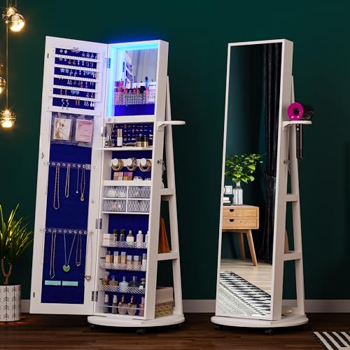 360° Swivel LED Mirror Jewelry Armoire Organizer (White)
