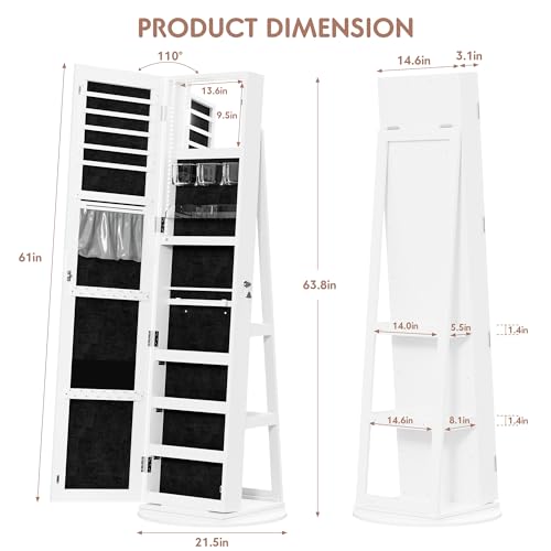 White Swivel Mirrored Jewelry Armoire with LED Light