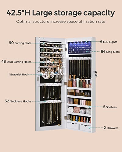 White Wall-Mounted Jewelry Cabinet with LED Lights & Mirror