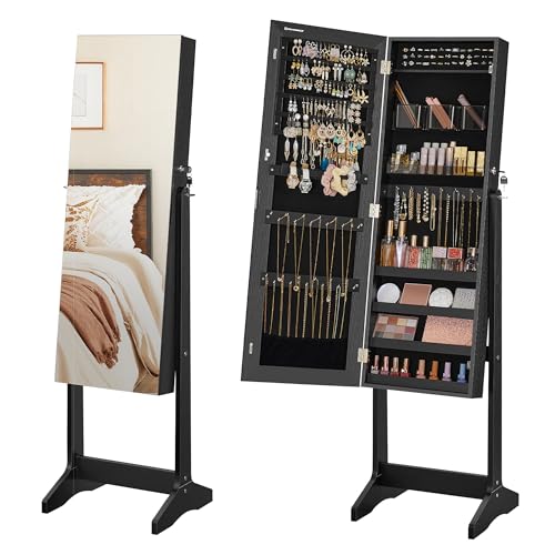 Black Jewelry Cabinet Armoire with Lockable Storage & Mirror