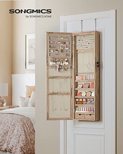 SONGMICS Toasted Oak Jewelry Cabinet Organizer with Mirror