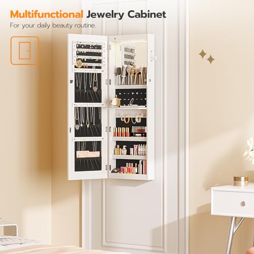 LED Mirror Jewelry Cabinet, Wall/Door Mounted Armoire