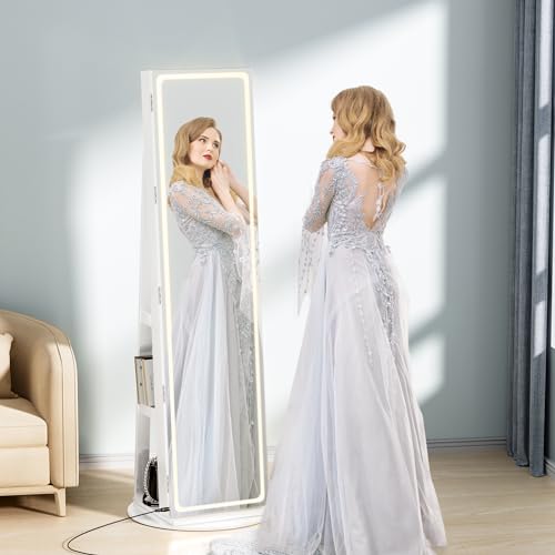 LED Mirror Jewelry Cabinet with Adjustable Lights, Lockable Armoire