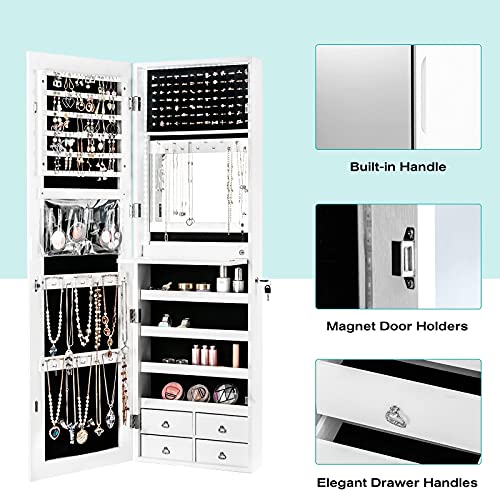 White Jewelry Armoire with LED Strip, Mirror & Storage