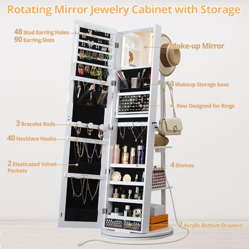 Mirrored Swivel Jewelry Cabinet with LED Lights, White