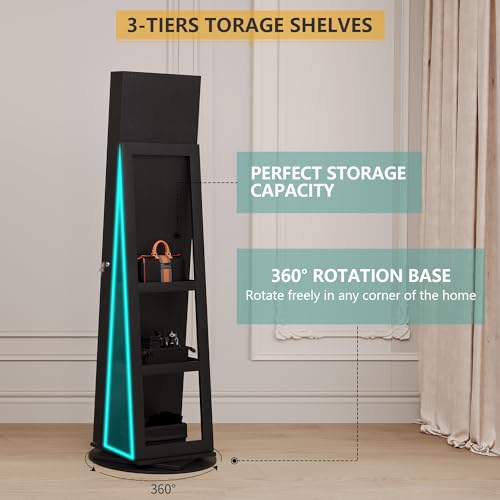 Swivel Jewelry Cabinet with Lights and Full-Length Mirror