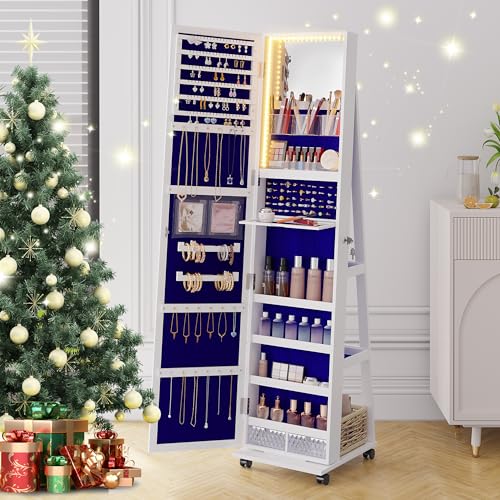 360° Rotating Jewelry Armoire with Lockable Mirror Organizer