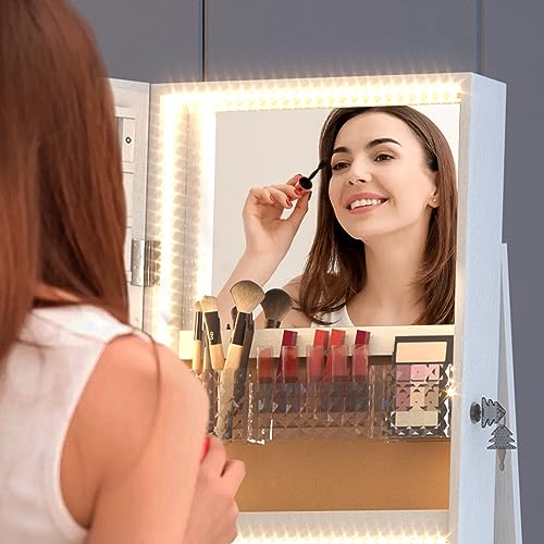 360° Swivel Jewelry Mirror Cabinet with Lights & Organizer