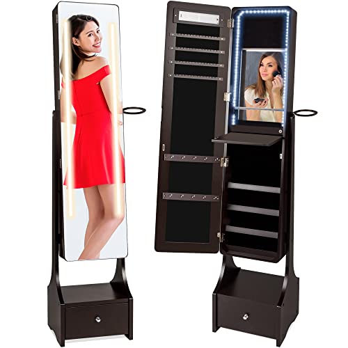 LED Mirror Jewelry Armoire Organizer with Lights and Shelf