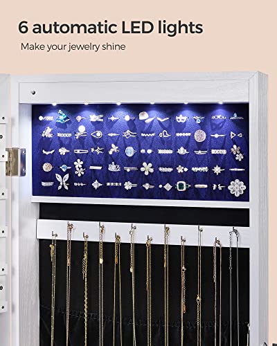 White Wall-Mounted Jewelry Cabinet with LED Lights & Mirror