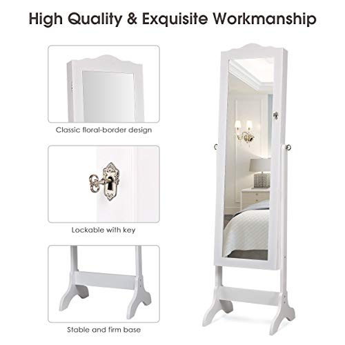 White Jewelry Armoire Organizer with Mirror and LEDs