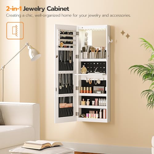 LED Mirror Jewelry Cabinet, Wall/Door Mounted Armoire