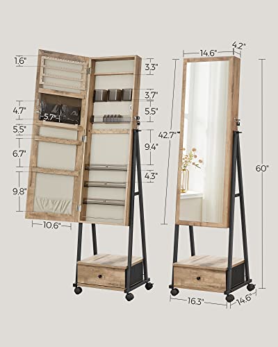 SONGMICS Floor Standing Jewelry Cabinet with Mirror, Drawer, Shelf