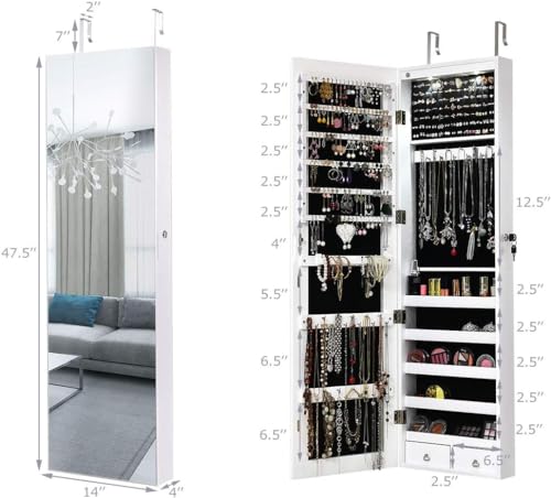 White Wall Mounted Jewelry Armoire with Mirror & Storage