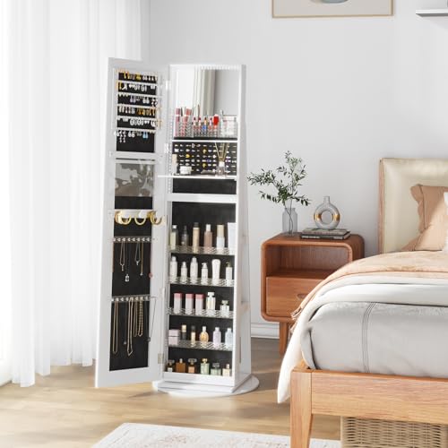 LED Mirror Jewelry Cabinet with Adjustable Lights, Lockable Armoire