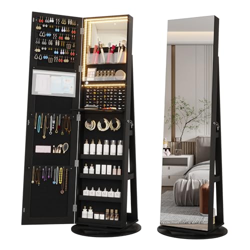 Swivel Jewelry Cabinet with Lights and Full-Length Mirror