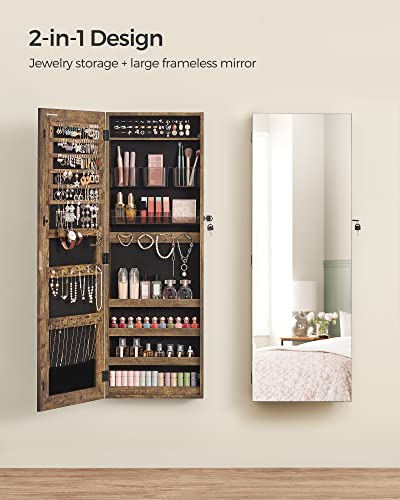 Lockable Jewelry Cabinet with Full-Length Mirror, Textured Brown