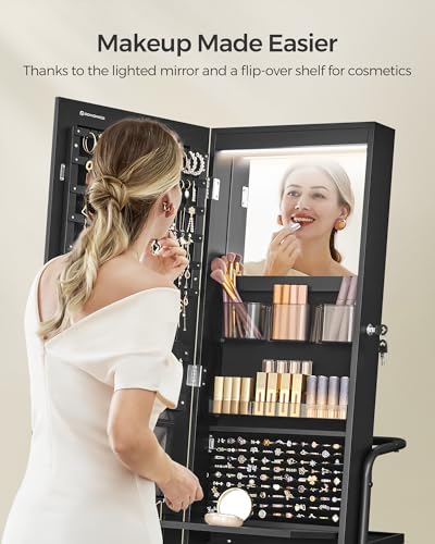 360° Swivel Mirrored Jewelry Cabinet with Lights, Storage Organizer