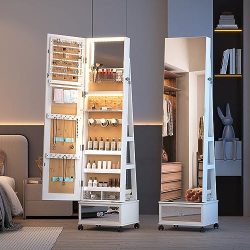 360° Swivel Jewelry Mirror Cabinet with Lights & Organizer