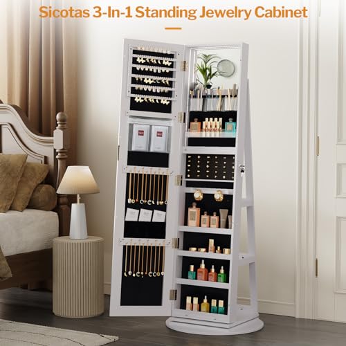 SICOTAS Jewelry Cabinet with Storage and Rotating Mirror