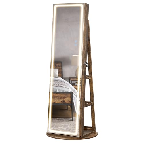 Rustic Brown Jewelry Armoire with LED Mirror Organizer