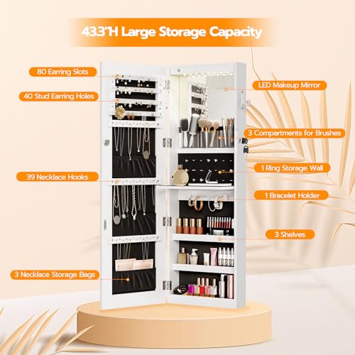 LED Mirror Jewelry Cabinet, Wall/Door Mounted Armoire