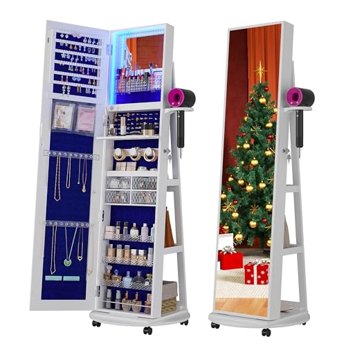 360° Swivel LED Mirror Jewelry Armoire Organizer (White)
