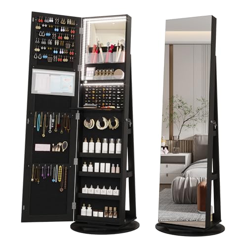 Swivel Jewelry Cabinet with Lights and Full-Length Mirror