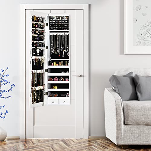White Wall Mounted Jewelry Armoire with Mirror & Storage