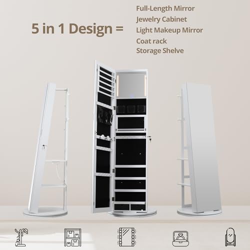 Mirrored Swivel Jewelry Cabinet with LED Lights, White