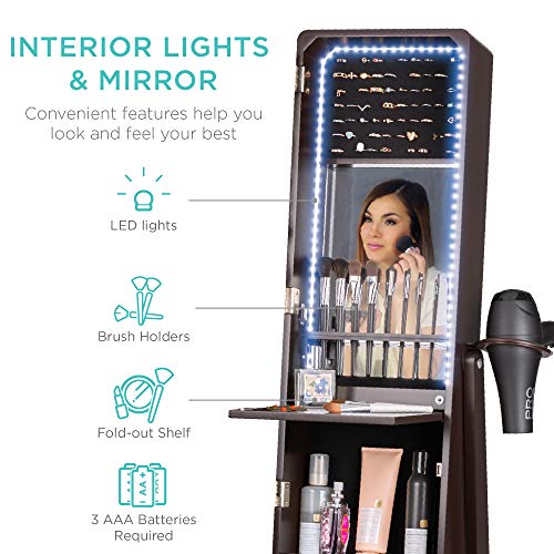 LED Mirror Jewelry Armoire Organizer with Lights and Shelf