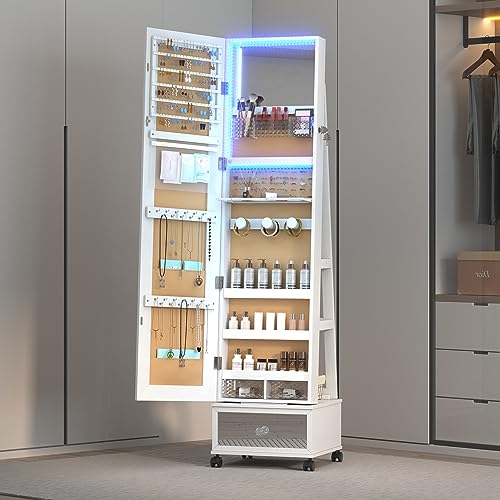 360° Swivel Jewelry Mirror Cabinet with Lights & Organizer